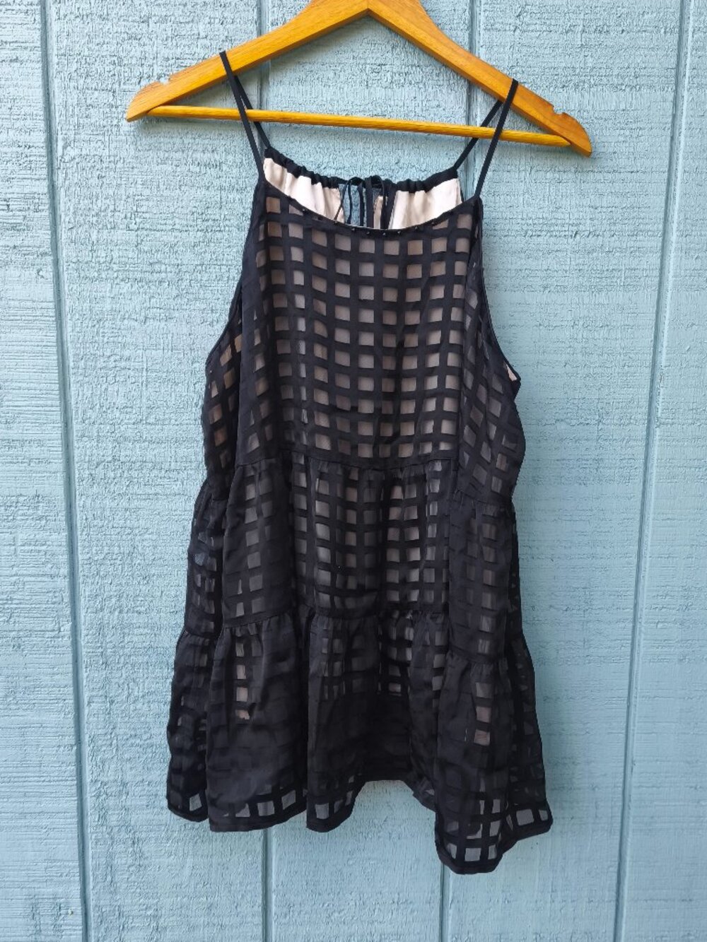 Anthro HD in Paris Gingham Pattern Sheer Babydoll Tiered Tunic sz L Black Cream